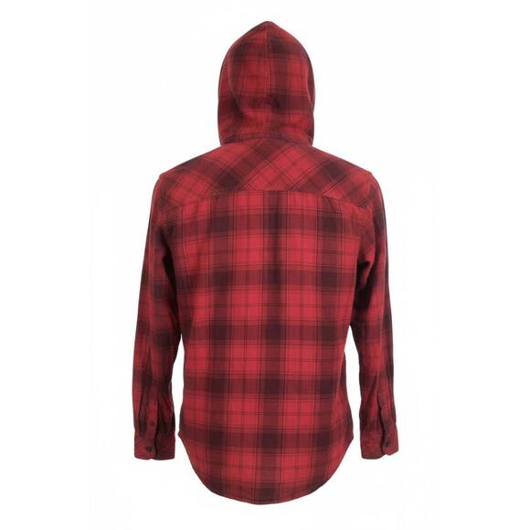 Columbia Times Two Plaid Hooded Women's Medium Deep Red Shirt Roll Tab Sleeves - Picture 2 of 9